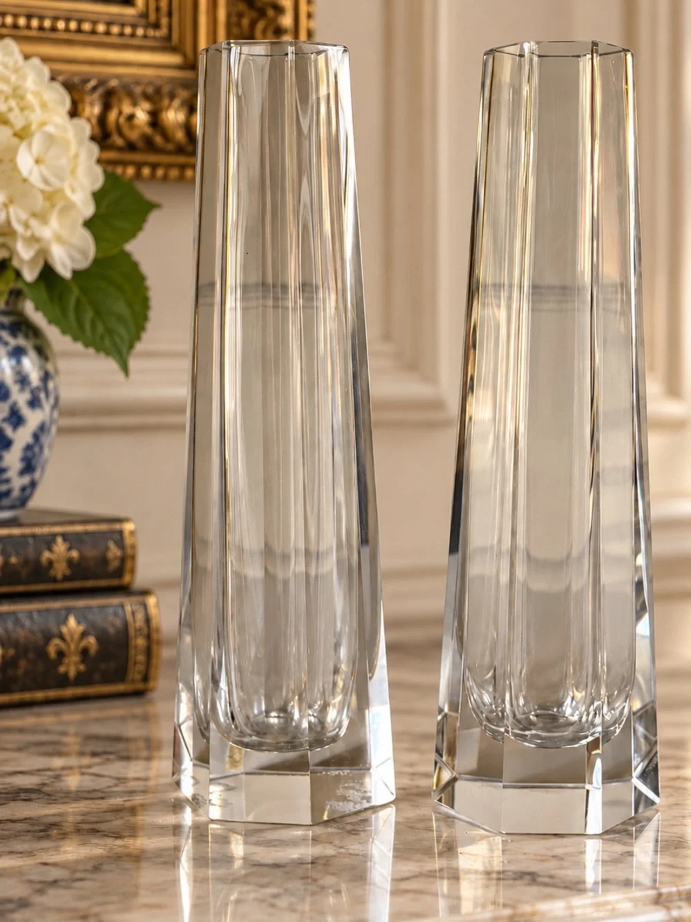 Vintage Signed Ceska Crystal Bud Vases 7.75” Matching Pair Set of 2